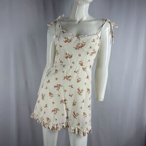 Audrey 3+1  Cottage-core Floral Mini Dress Small Ivory Pink Tie Strap Ruffle Hem